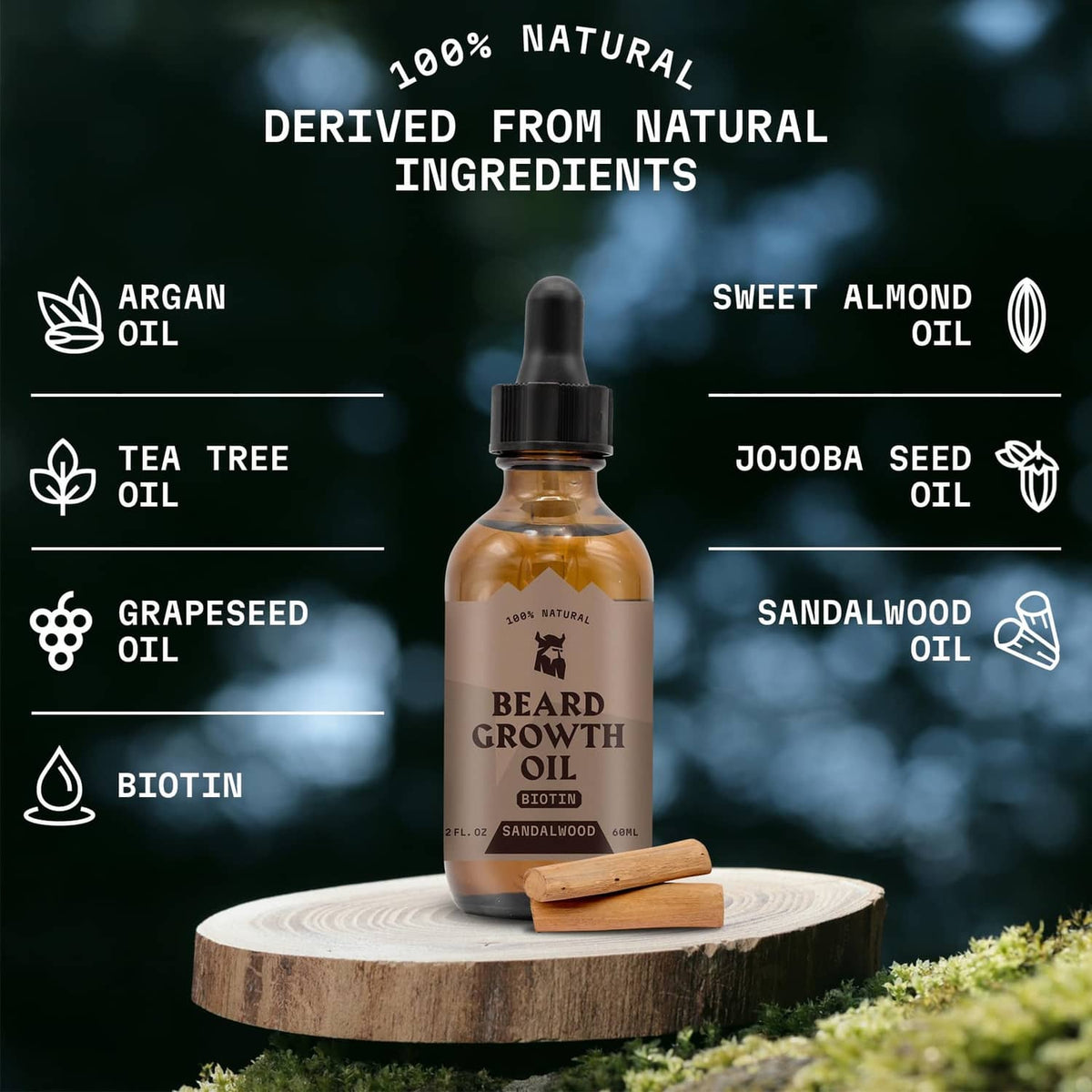 Beard growth oil bottle with listed natural oils and biotin ingredients