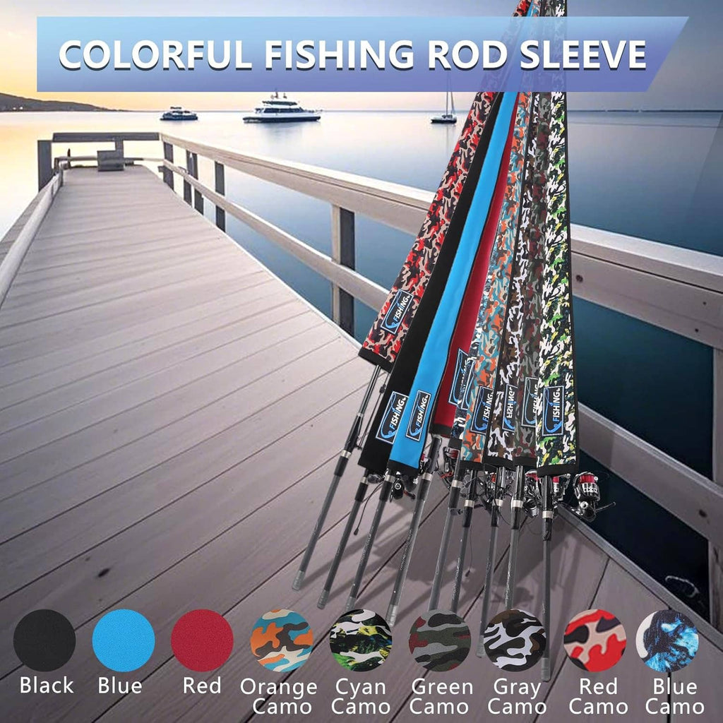 Colorful camo fishing rod sleeves hanging on a rack, storage and transport