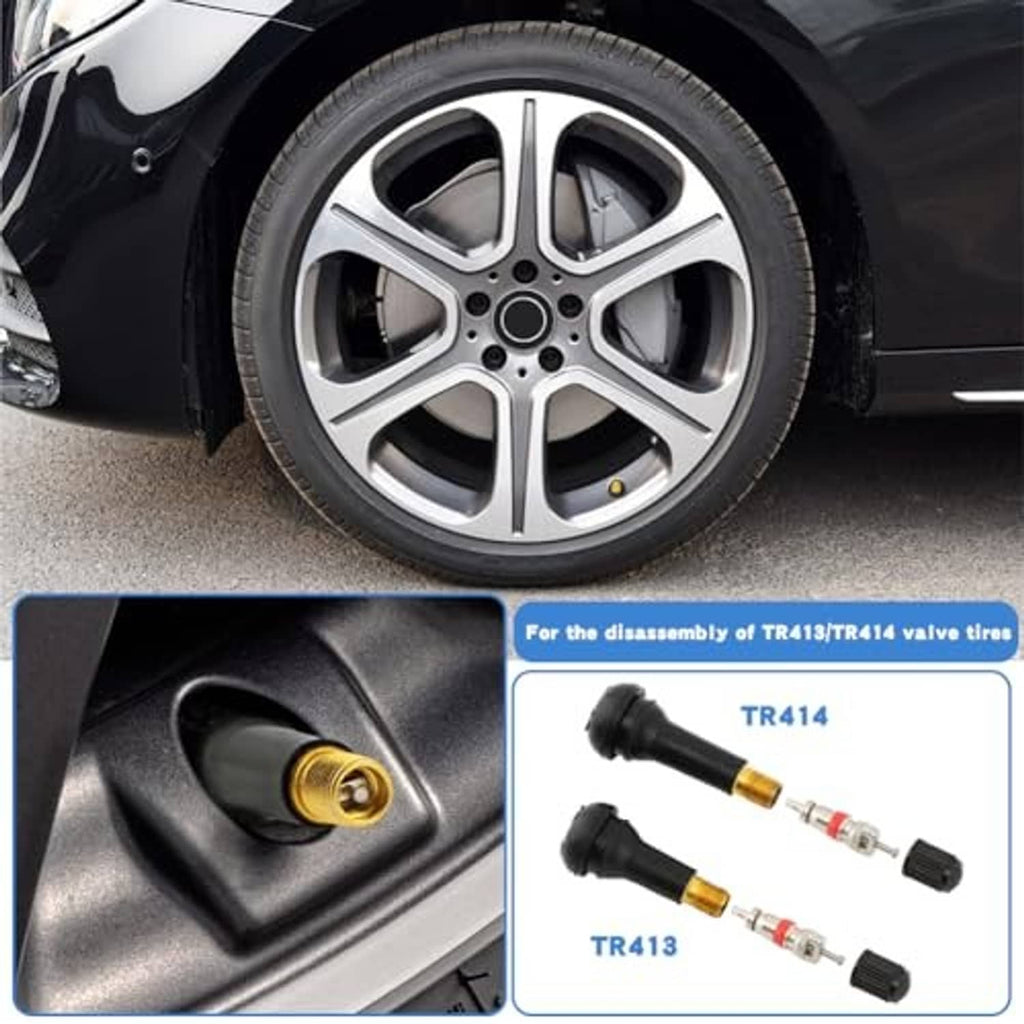Tire valve core replacement tool for wheel valves with stem adapters and black caps