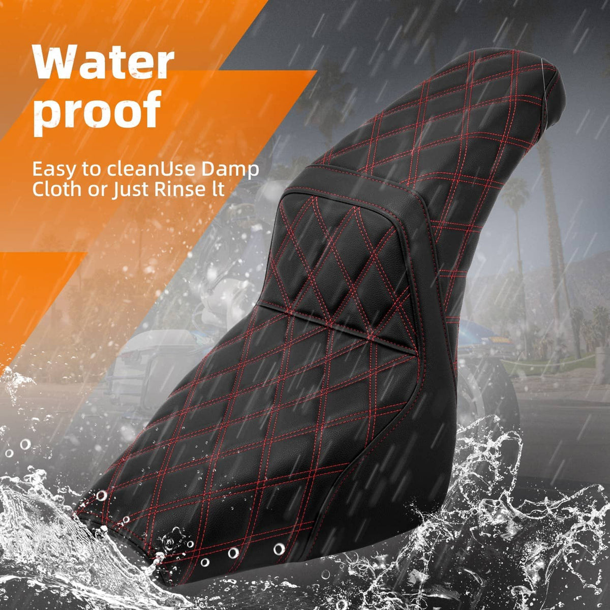 Motorcycle seat cover with black textured surface and red plaid stitched pattern