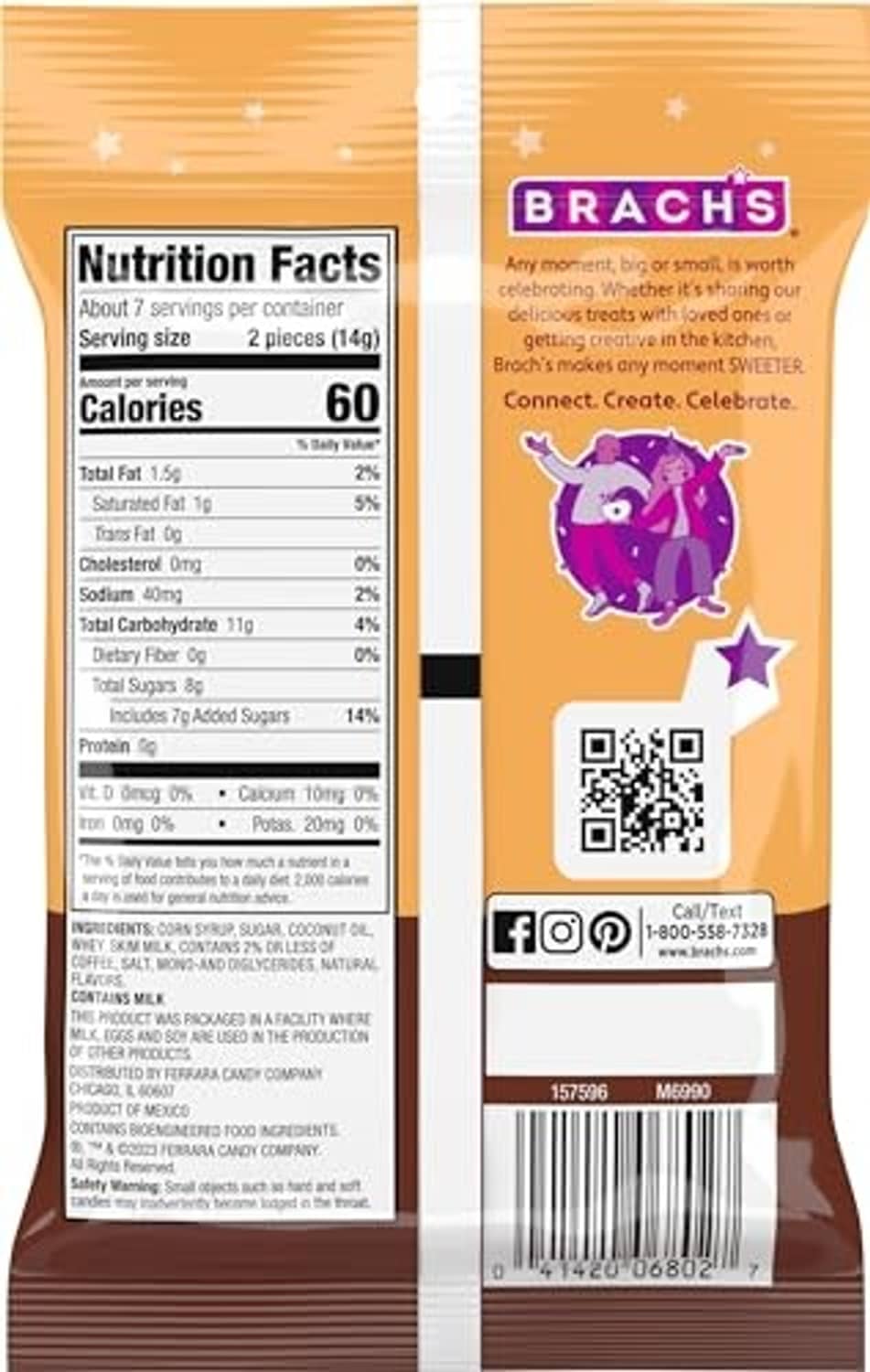 Brach's Coffee Hard Caramels nutrition facts panel, calories per 2-piece serving