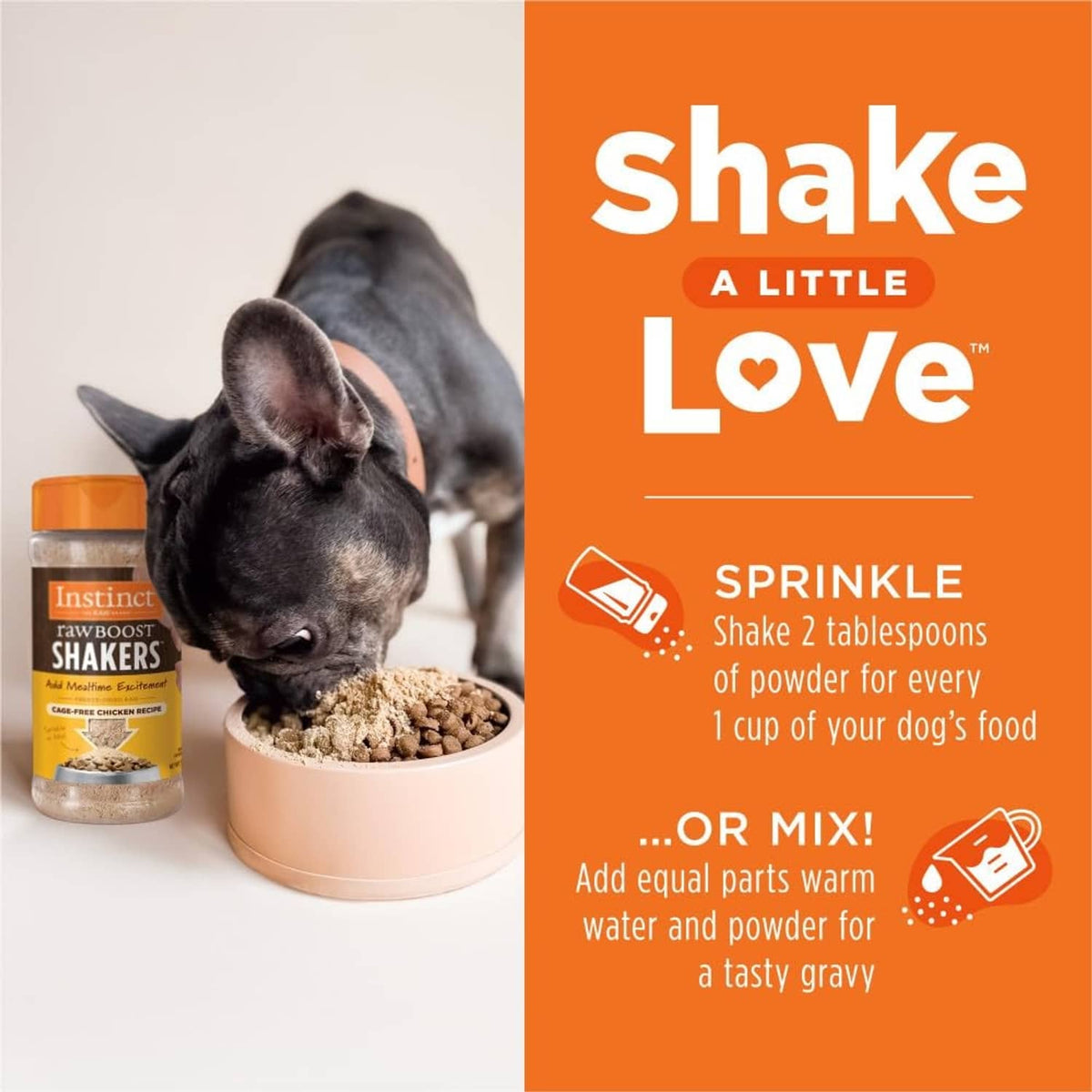 Instinct RawBoost Shakers jar and bowl with sprinkled freeze-dried chicken dog food topper