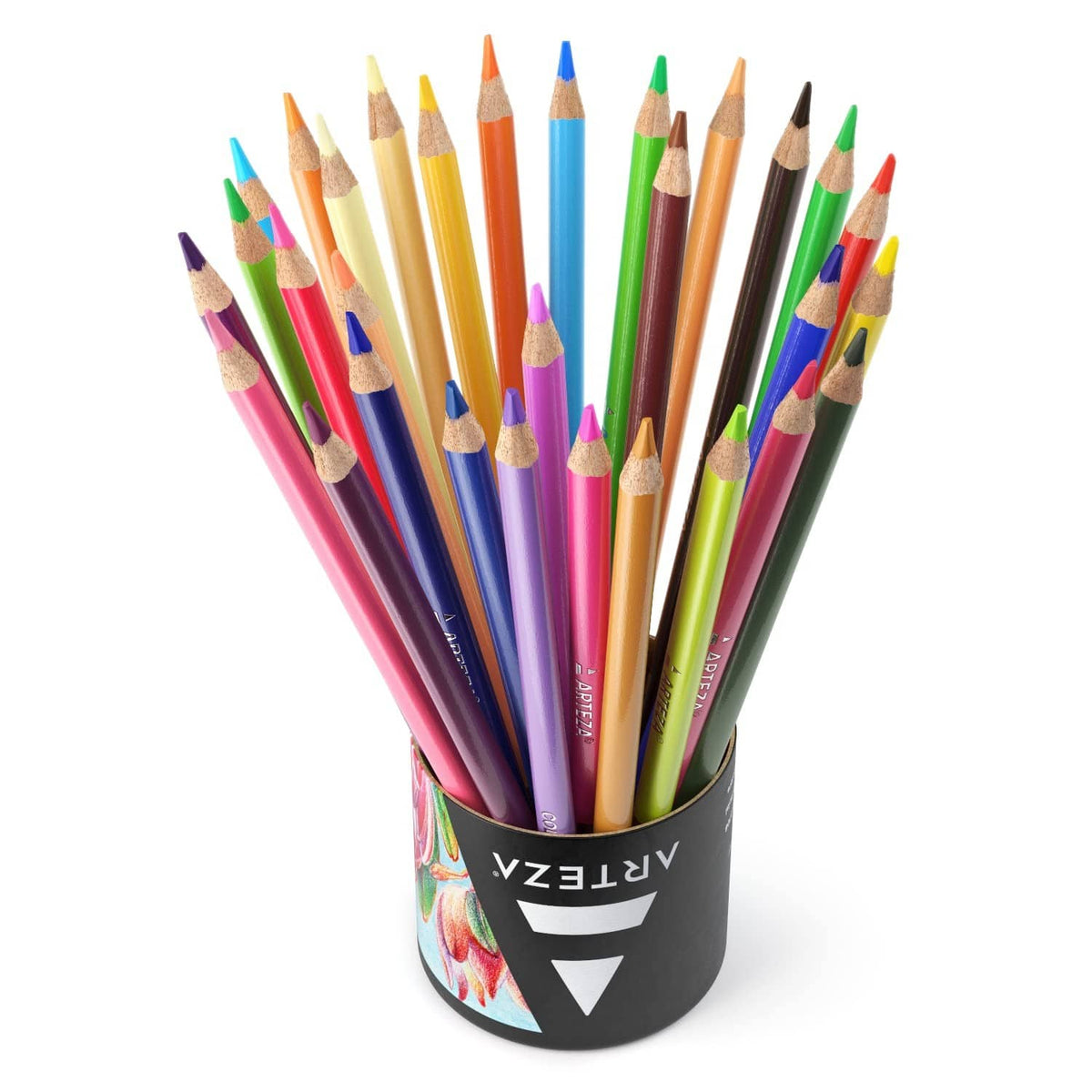 Colored pencils standing in a cylindrical holder with multicolor tips and barrels