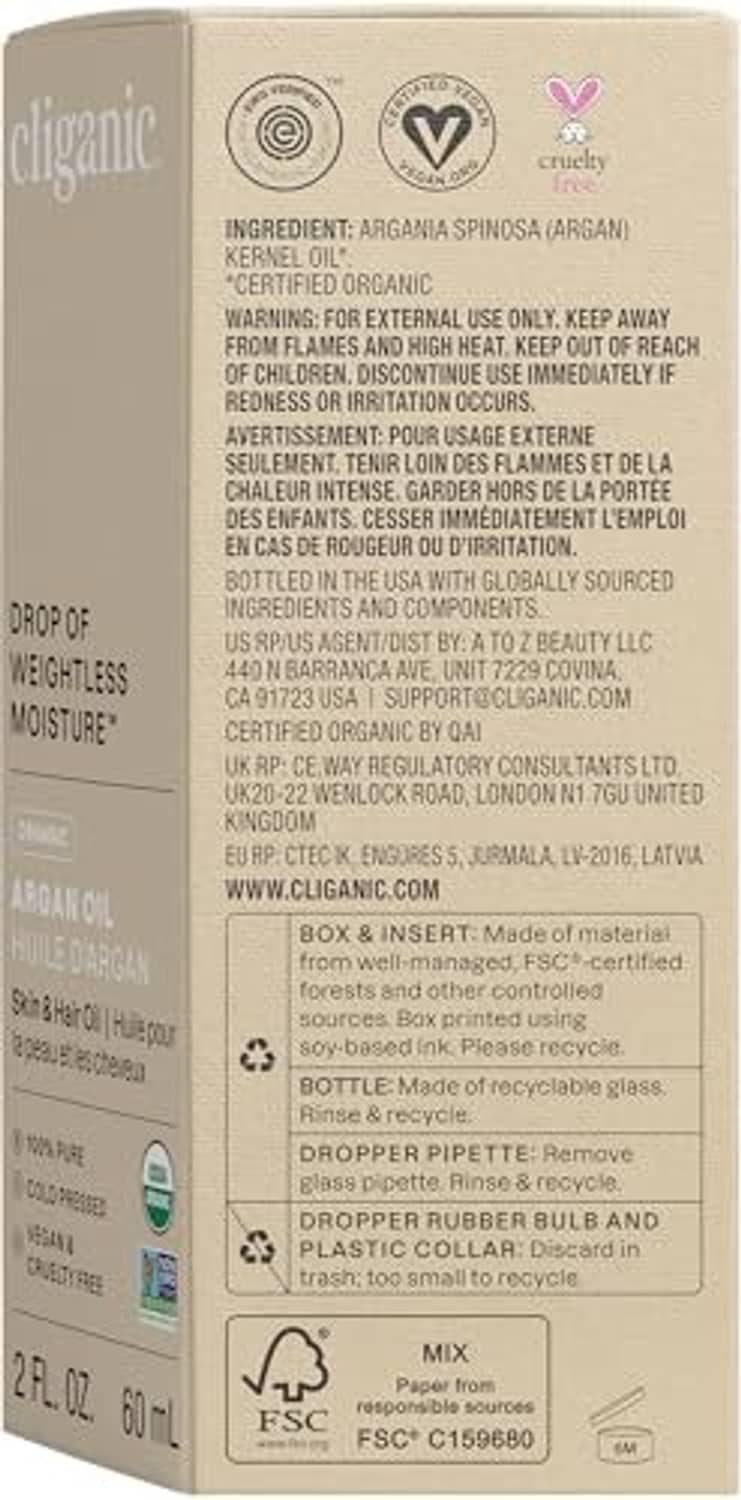 Cliganic argan oil box back panel with ingredients and warnings