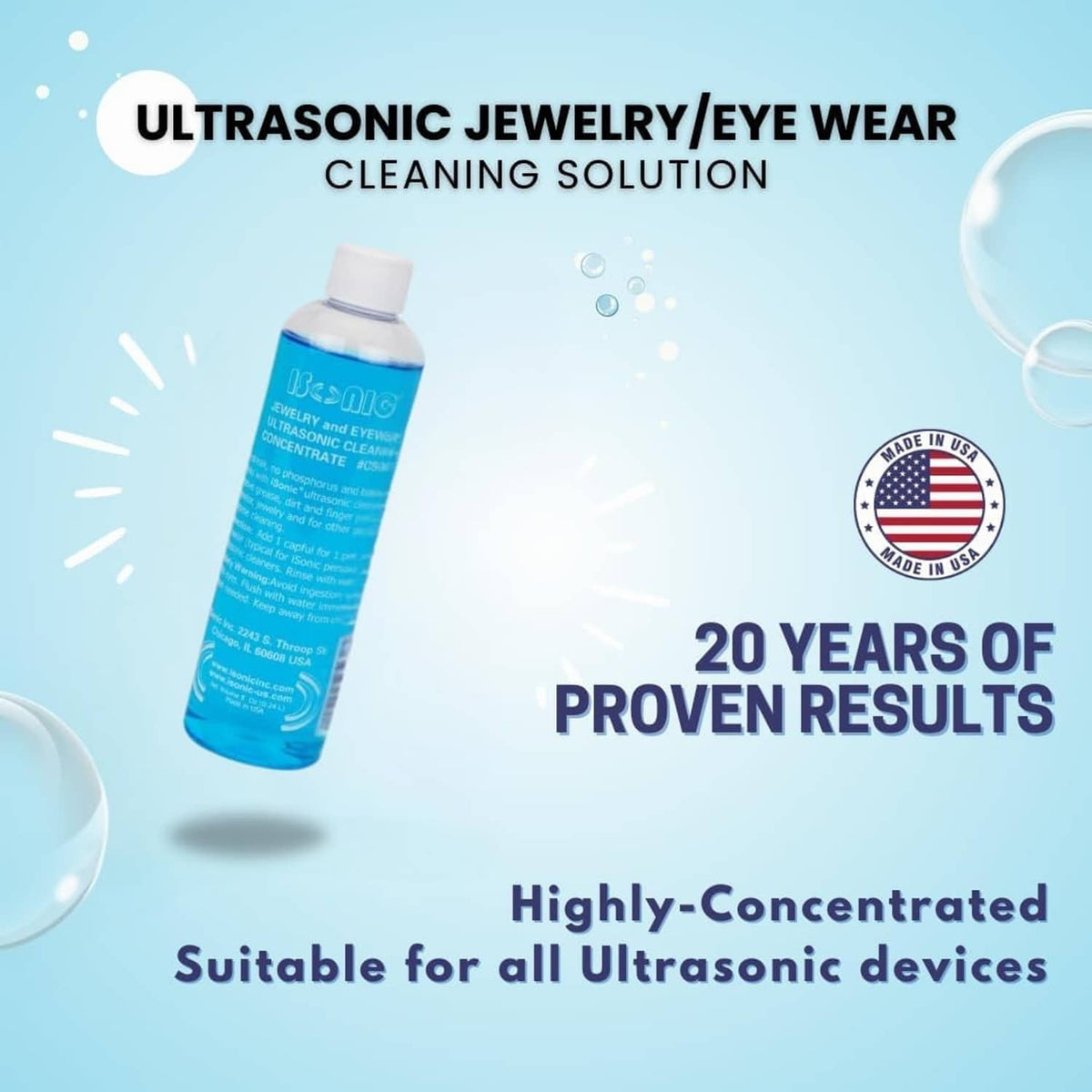 Ultrasonic jewelry and eyeglass cleaning solution bottle with circular USA seal