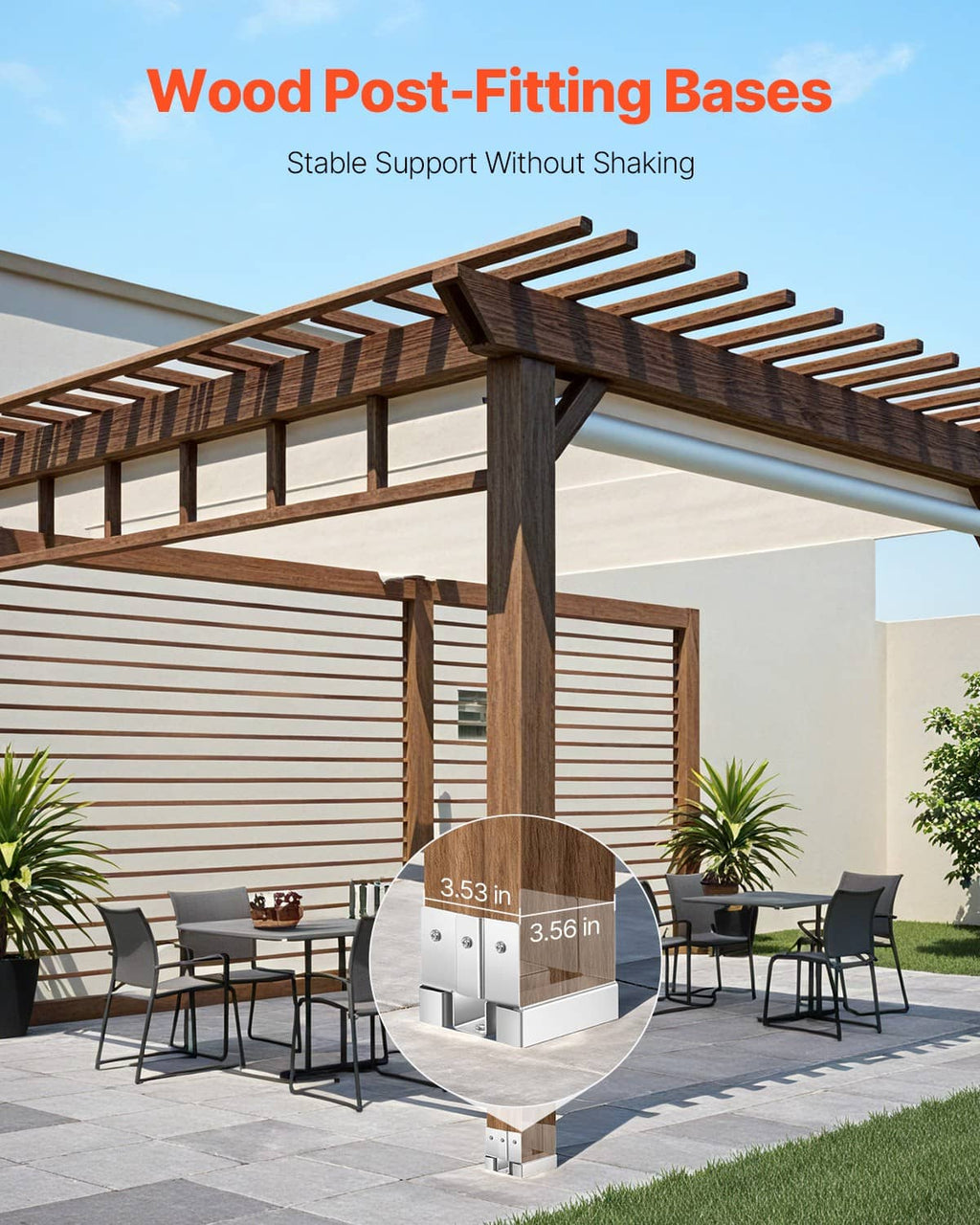 4x4 wood post base bracket installed on concrete patio for stable deck or pergola support