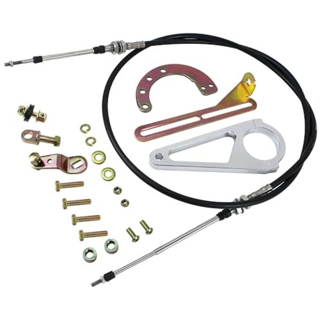 Transmission shift linkage kit with black cables, silver arm, and red mounting bracket