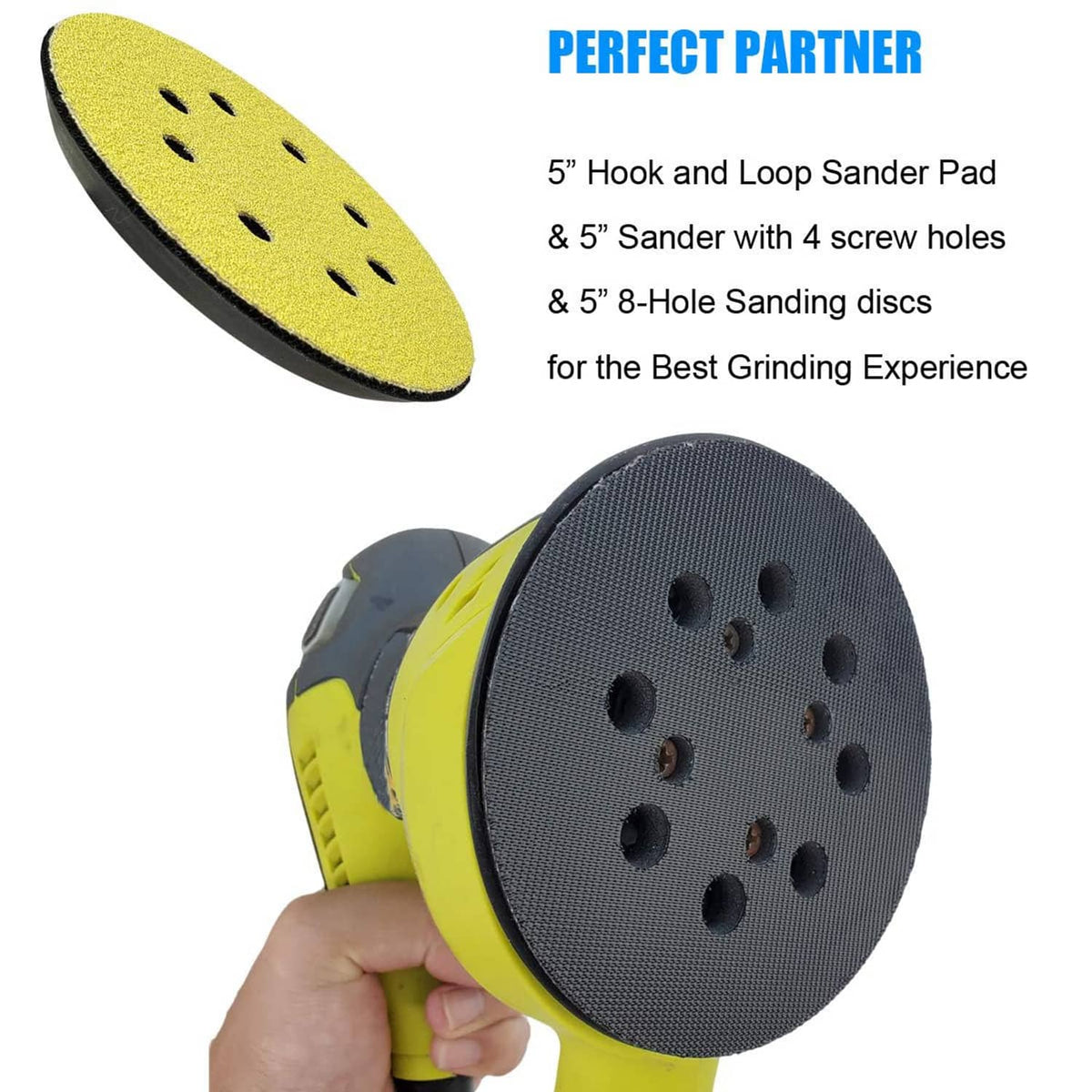 5-inch hook-and-loop sander pad with yellow foam disc and black backing