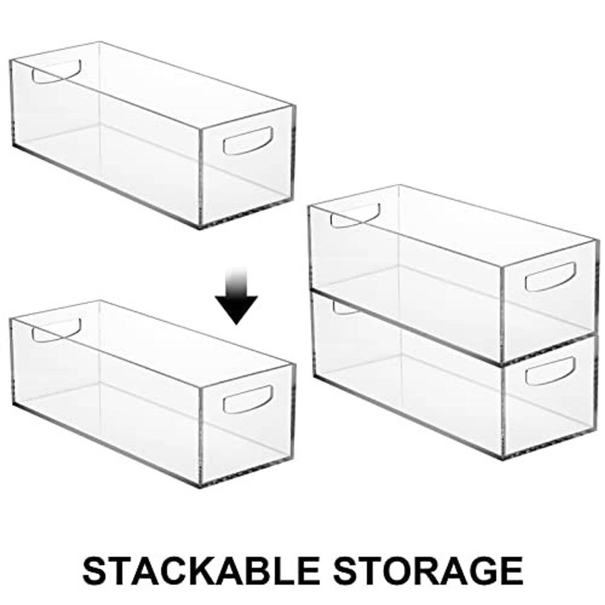 Clear acrylic DVD/CD storage boxes with handles, stackable storage layout