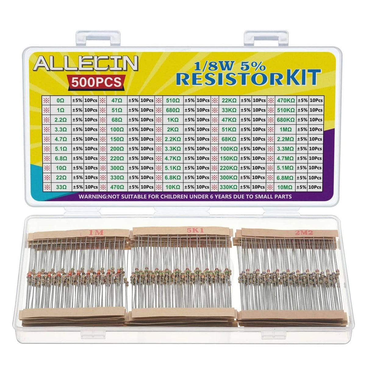 500pcs 1/8W 5% axial resistor assortment kit case, front label