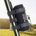 Black adjustable speaker mount with wide Velcro straps for portable Bluetooth speaker