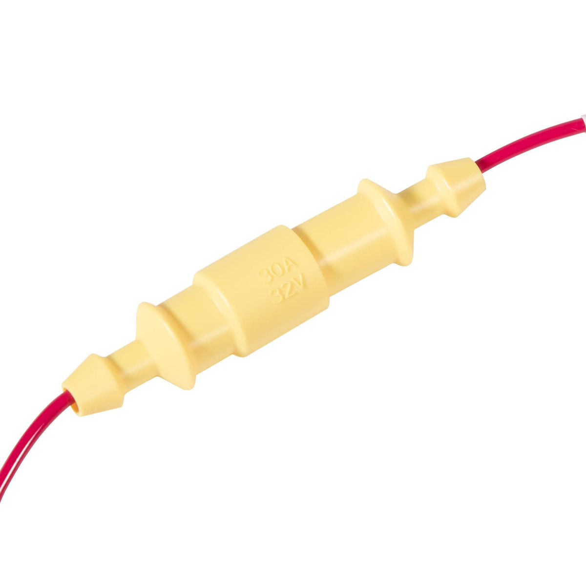 Yellow inline connector housing with red wire lead on a black 4-pin power cable.