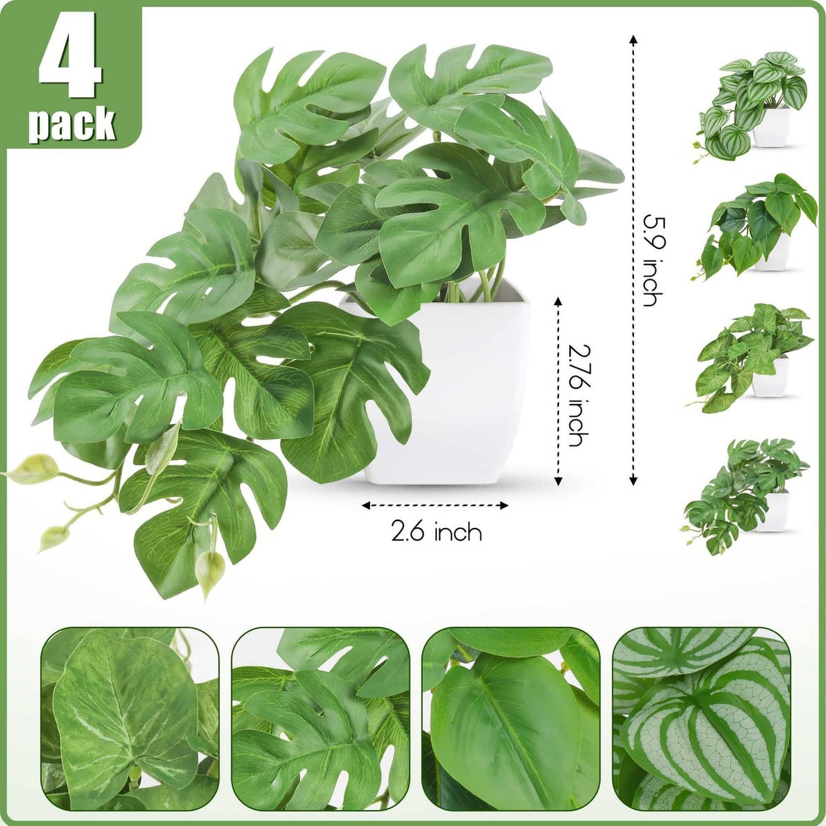 4-pack leafy artificial plants with striped and solid green leaves in white square pots