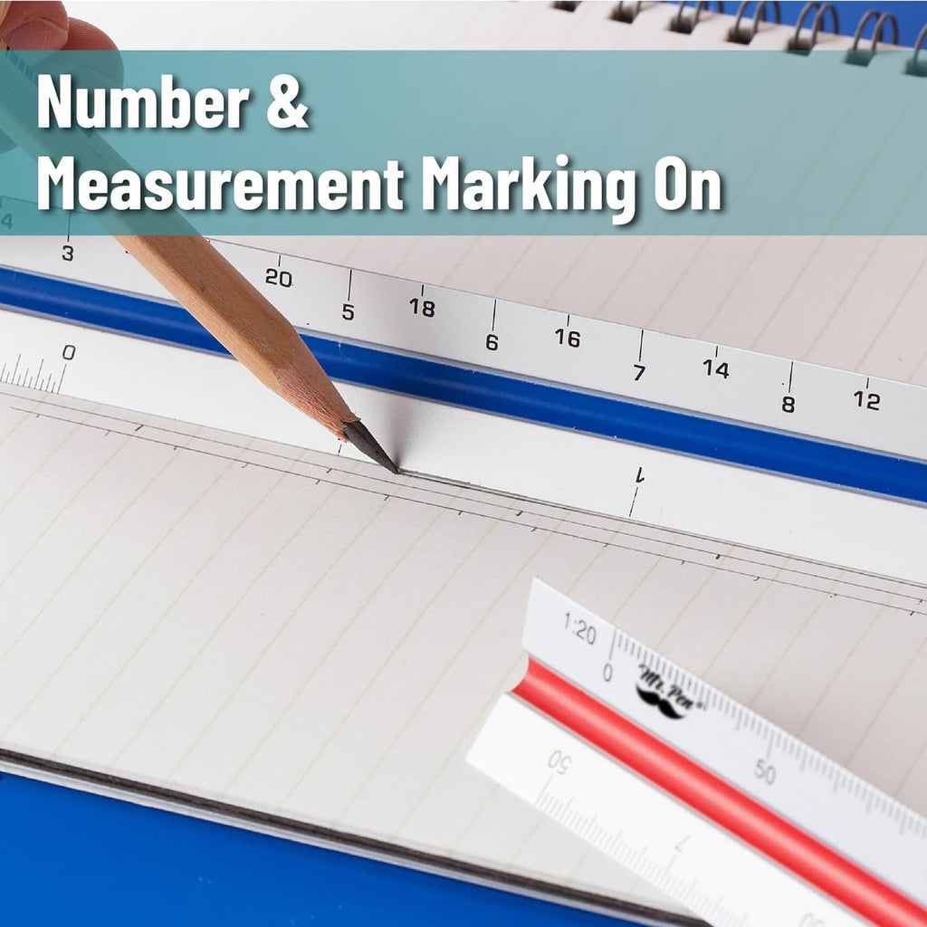Blue architectural scale ruler with measurement markings beside a red ruler