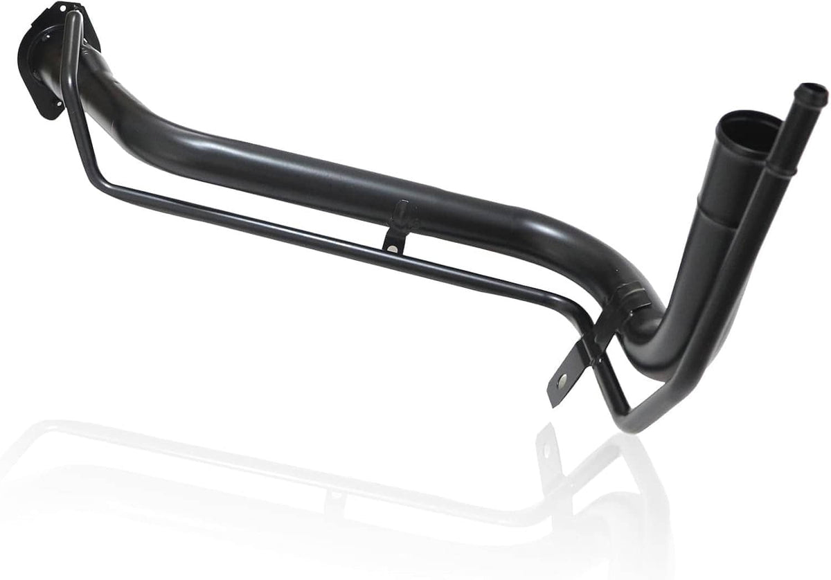 Fuel tank filler neck pipe, black metal with U-shaped bend and mounting tab