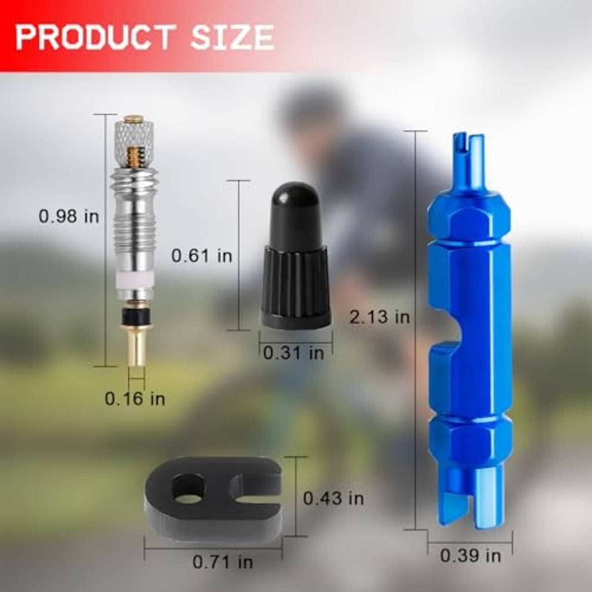 Blue Presta valve core tool with black cap remover and alloy valve core pieces
