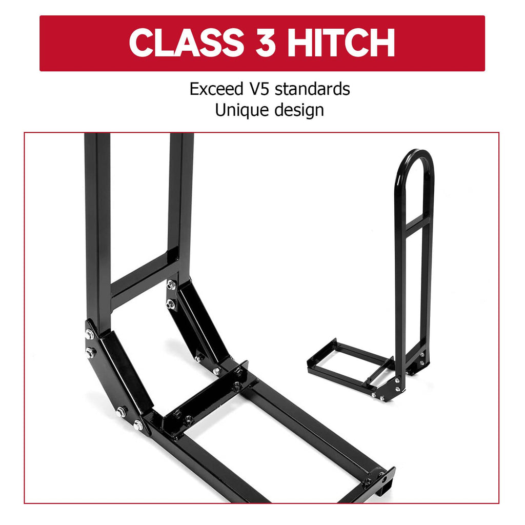 Black hitch-mounted safety grab bar and footrest frame with class 3 hitch design