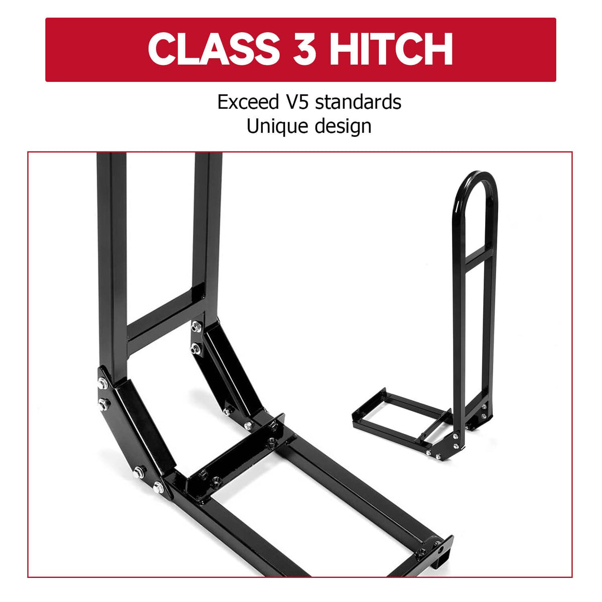 Black hitch-mounted safety grab bar and footrest frame with class 3 hitch design