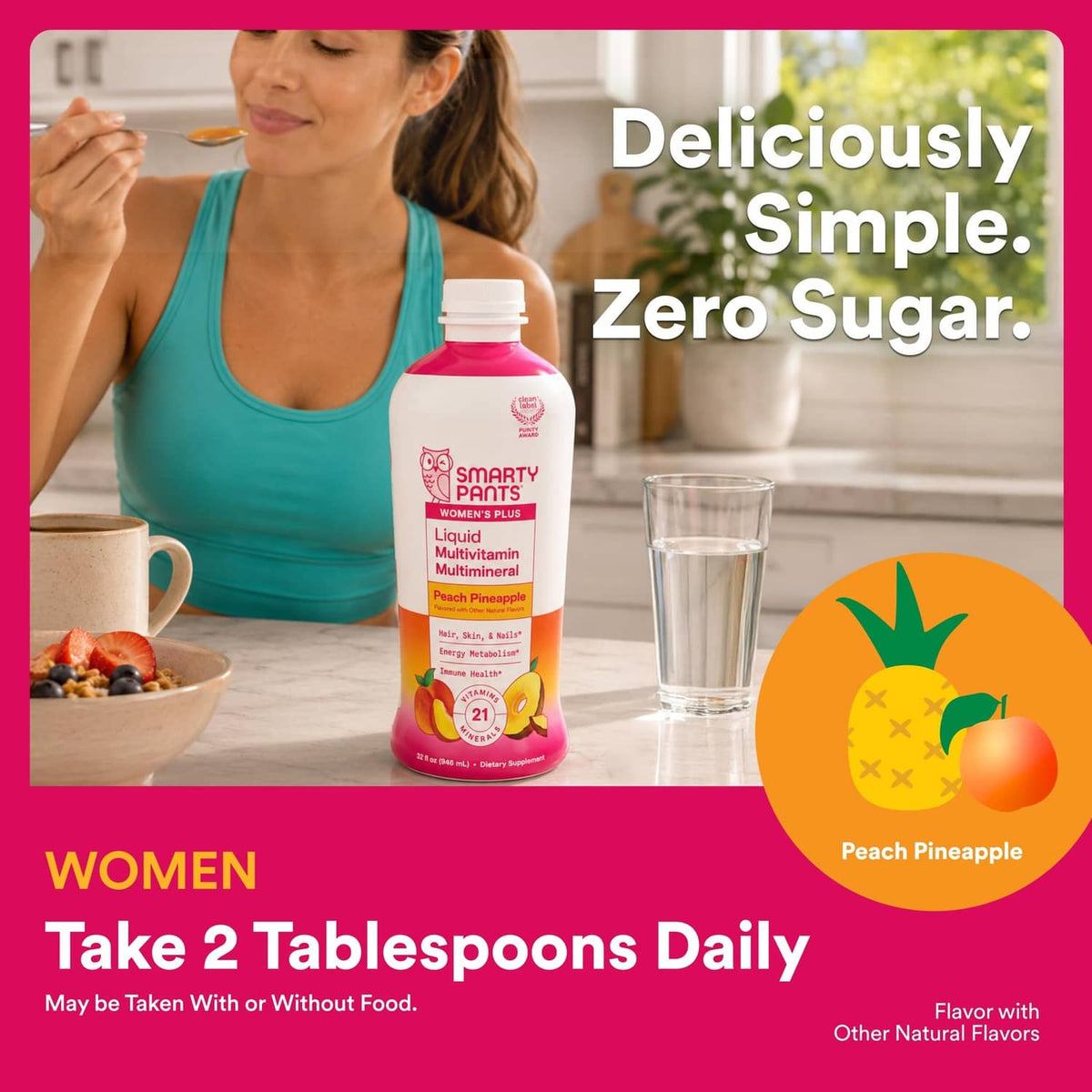 Pink zero sugar women’s liquid multivitamin bottle with peach pineapple flavor