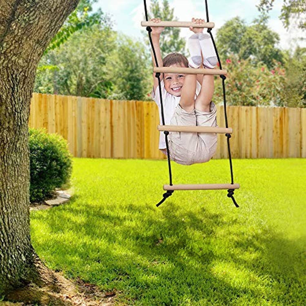 Kids hanging rope ladder swing with wooden rungs, black ropes, A-frame feet for yard