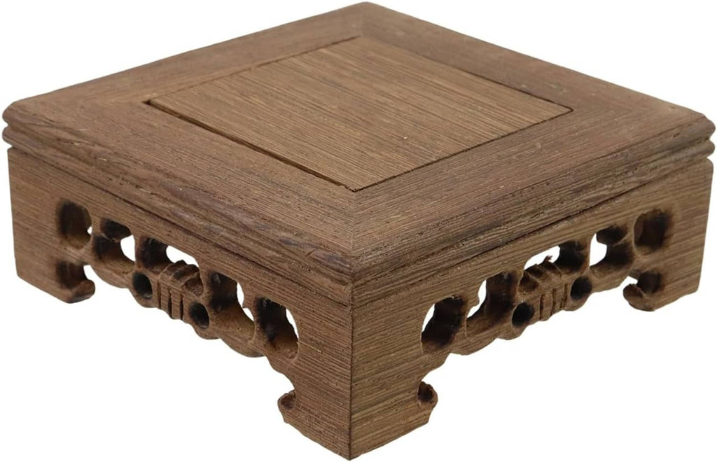 Wooden display stand base with square top panel and decorative oval cutout strip on front
