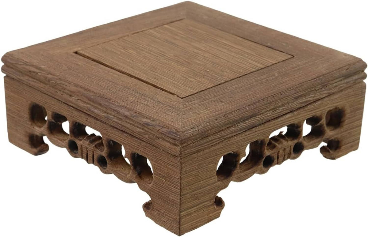 Wooden display stand base with square top panel and decorative oval cutout strip on front