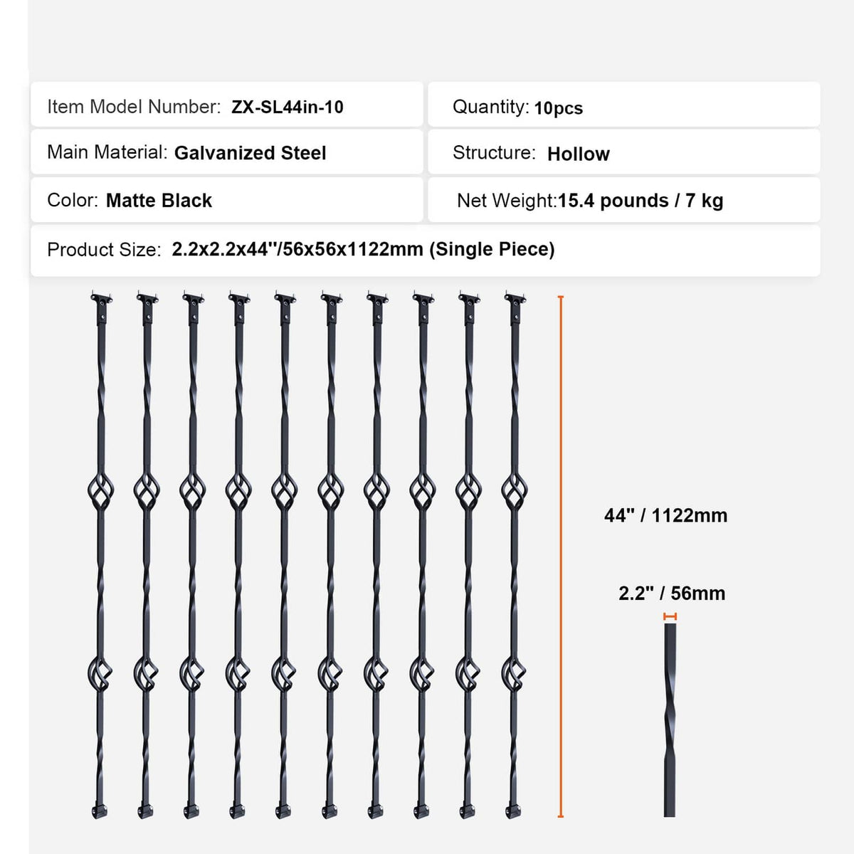 10-pack matte black steel balusters, hollow spindles, 44 in tall with double-basket loops