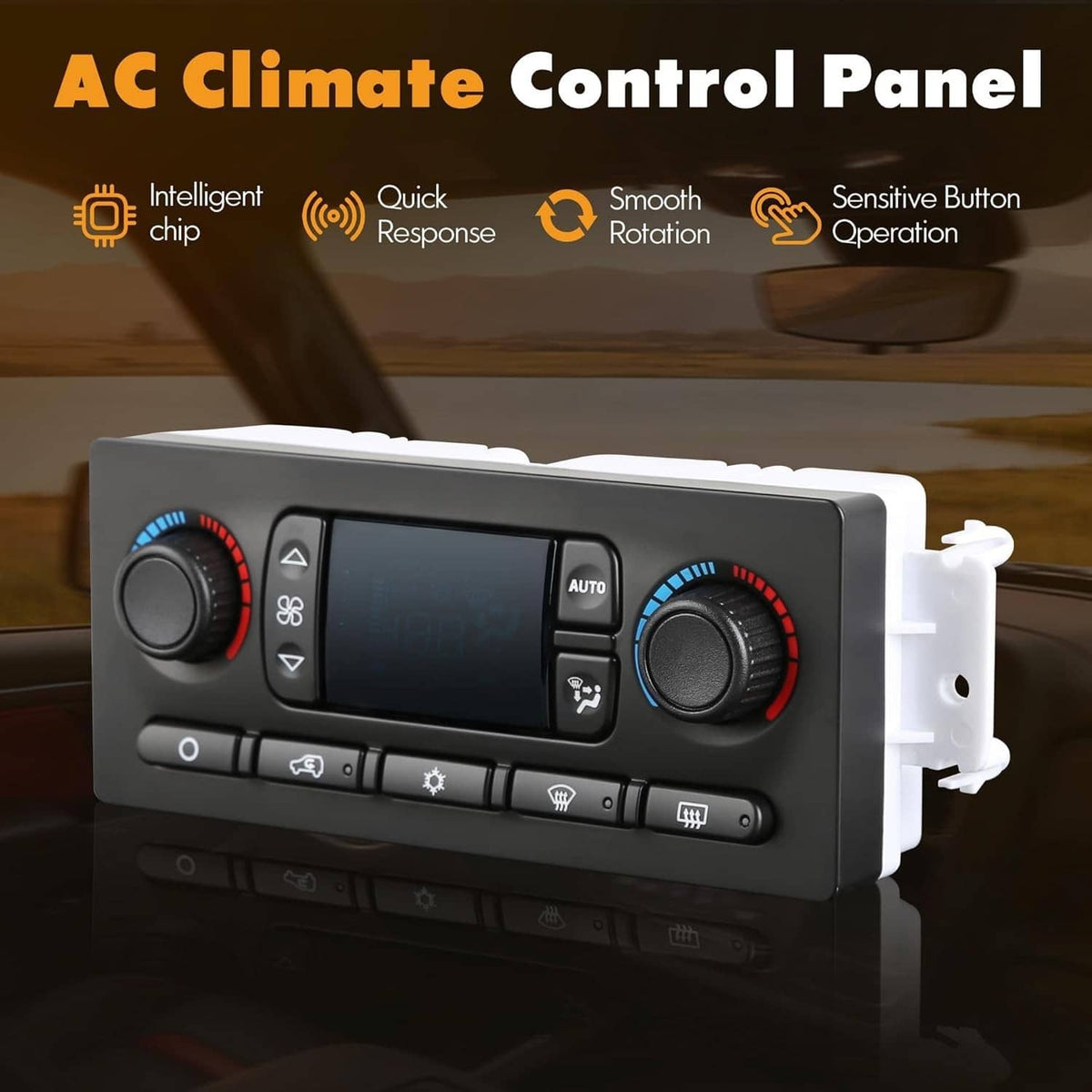 AC climate control panel with dual temperature knobs, button controls, and LCD screen