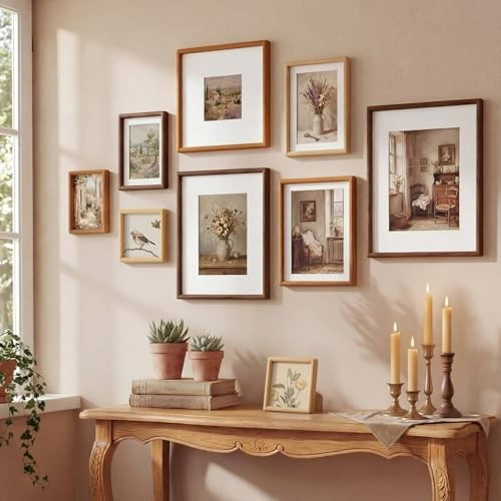 Natural oak picture frames arranged in a home gallery wall display