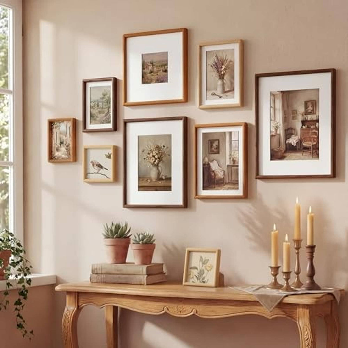 Natural oak picture frames arranged in a home gallery wall display