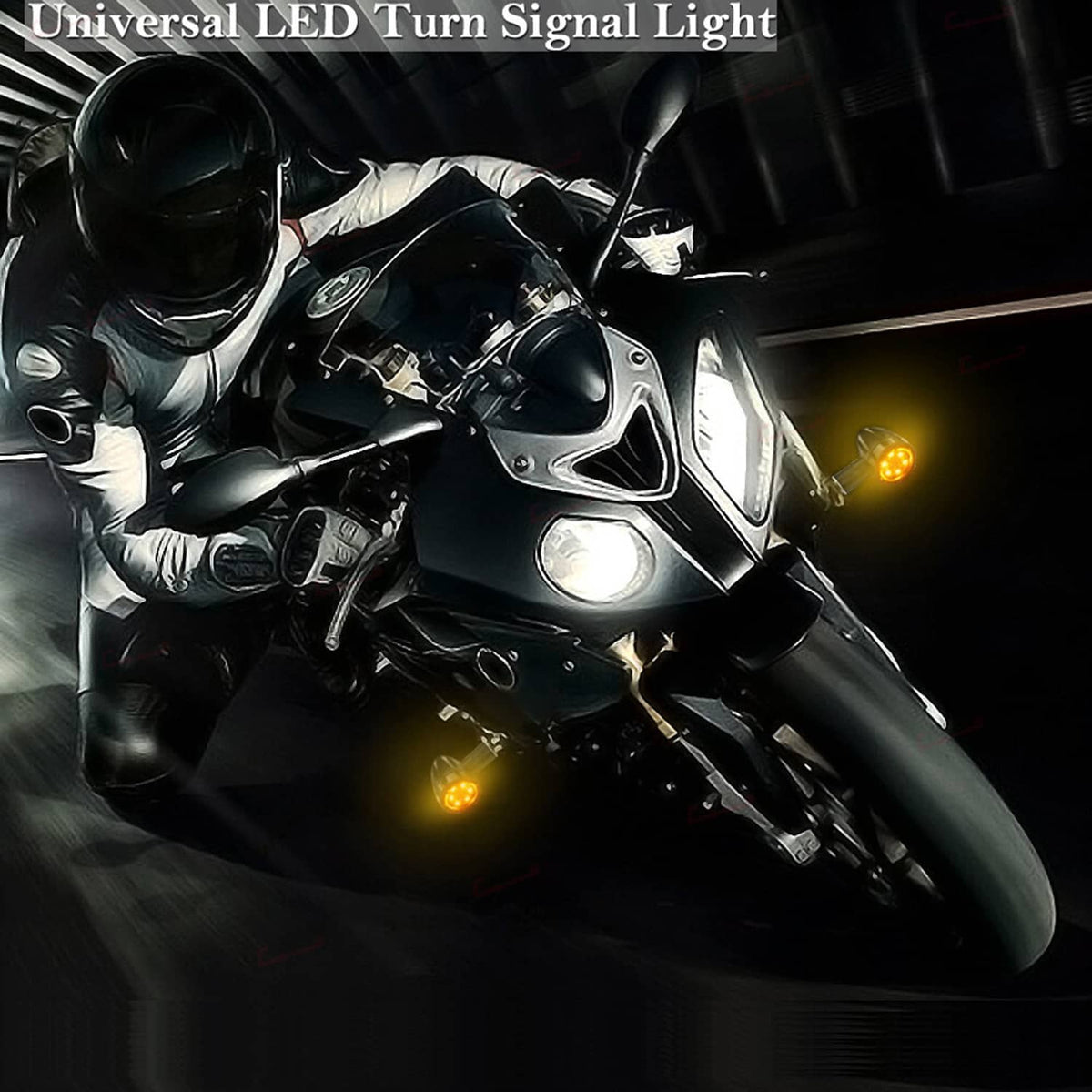 Universal motorcycle LED turn signal lights with amber glow near the handlebar and brake lever