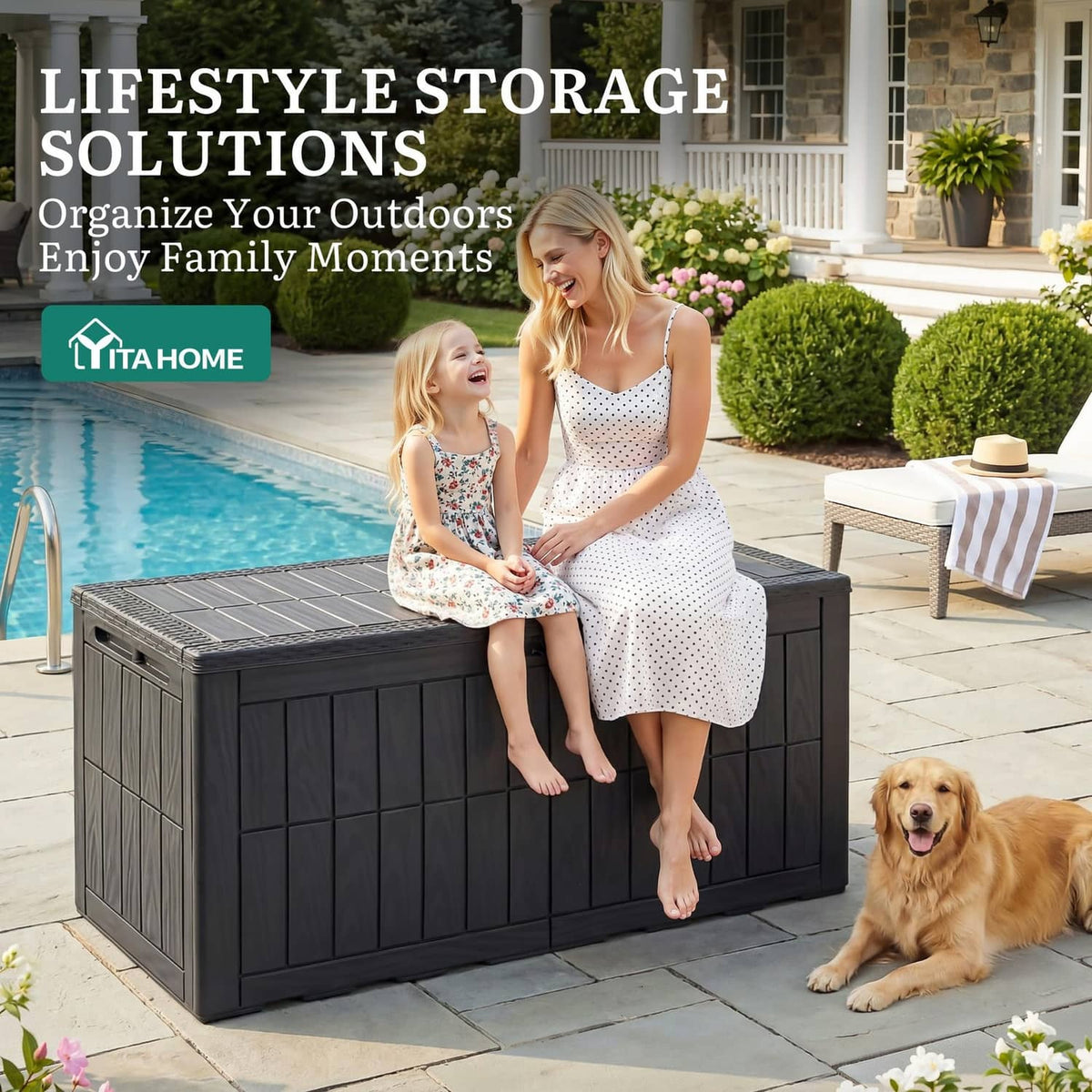 Dark gray outdoor deck storage box with open lid and latch detail