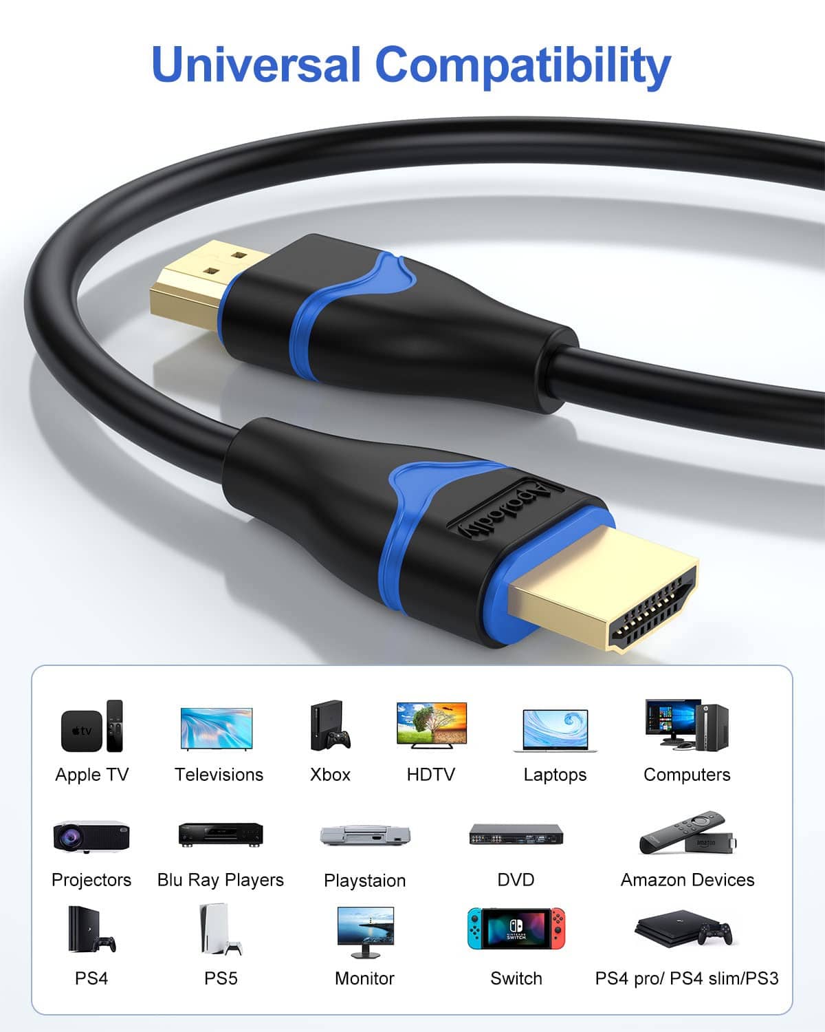 Two gold HDMI connectors on a black cable with blue strain relief grips.
