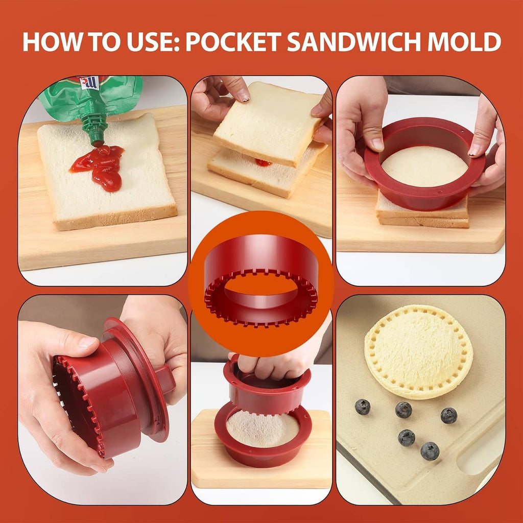 Red pocket sandwich mold set with small mold halves and white bread pieces