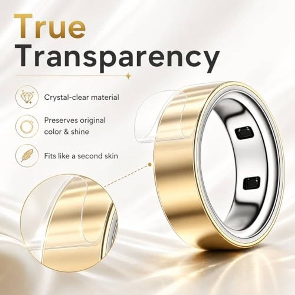 Crystal-clear ring cover film for a gold and chrome smart ring