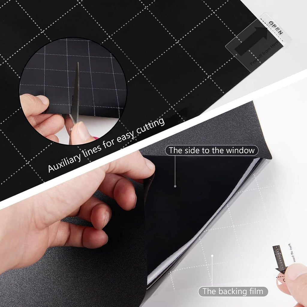 Blackout window film backing with cut lines and trimming guide for easy sizing