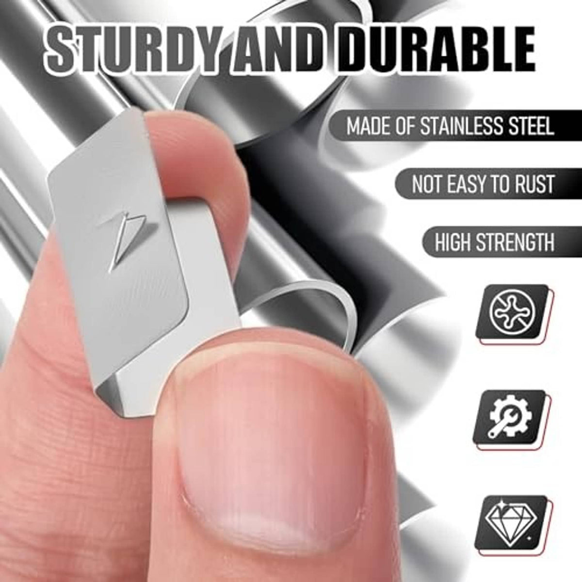 Stainless steel window deflector clips in silver, close-up held between fingers