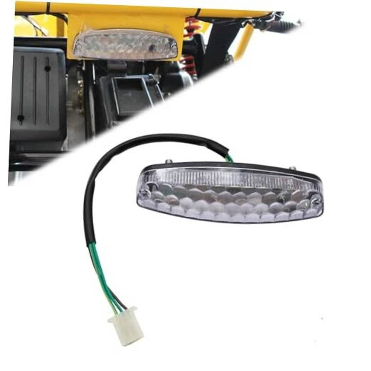 Rear tail brake light assembly with clear lens, LED array, green wire lead, white plug