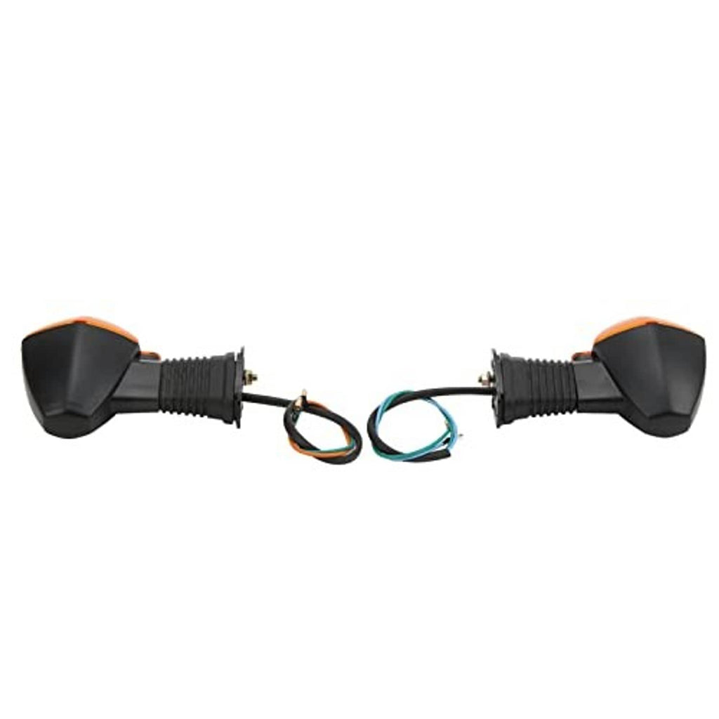 Amber front motorcycle turn signal lamp pair with black housings and teal/black wiring