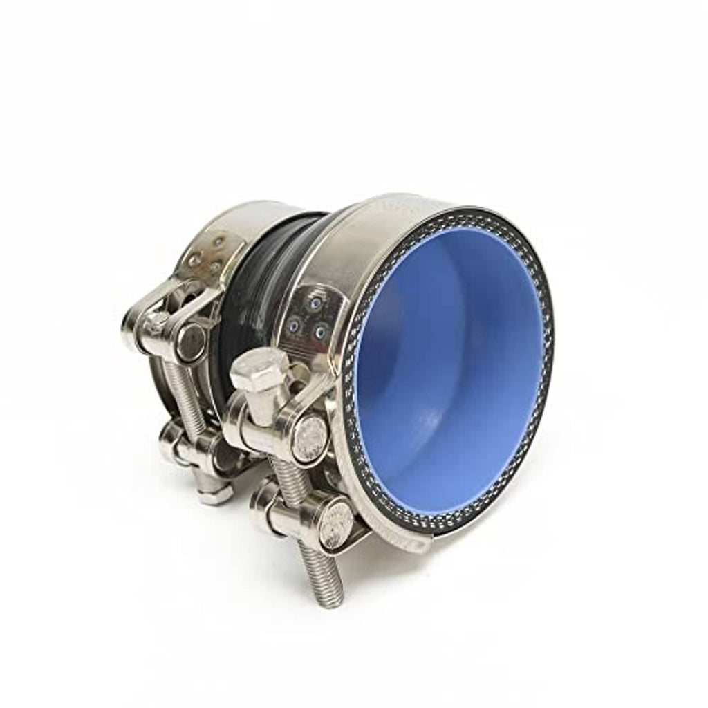 Angled view of black exhaust reducer, stainless clamps around blue inlet ring