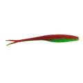 Red and green swimbait jerk shad lure with trailing red tail and hook eye.