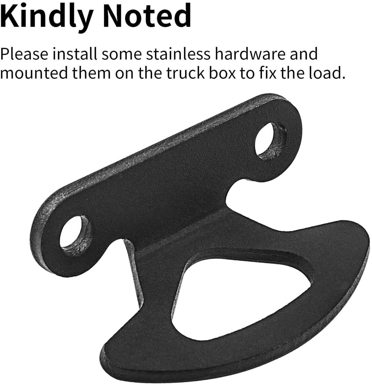 Black tie-down hook anchor bracket with curved base and two mounting holes