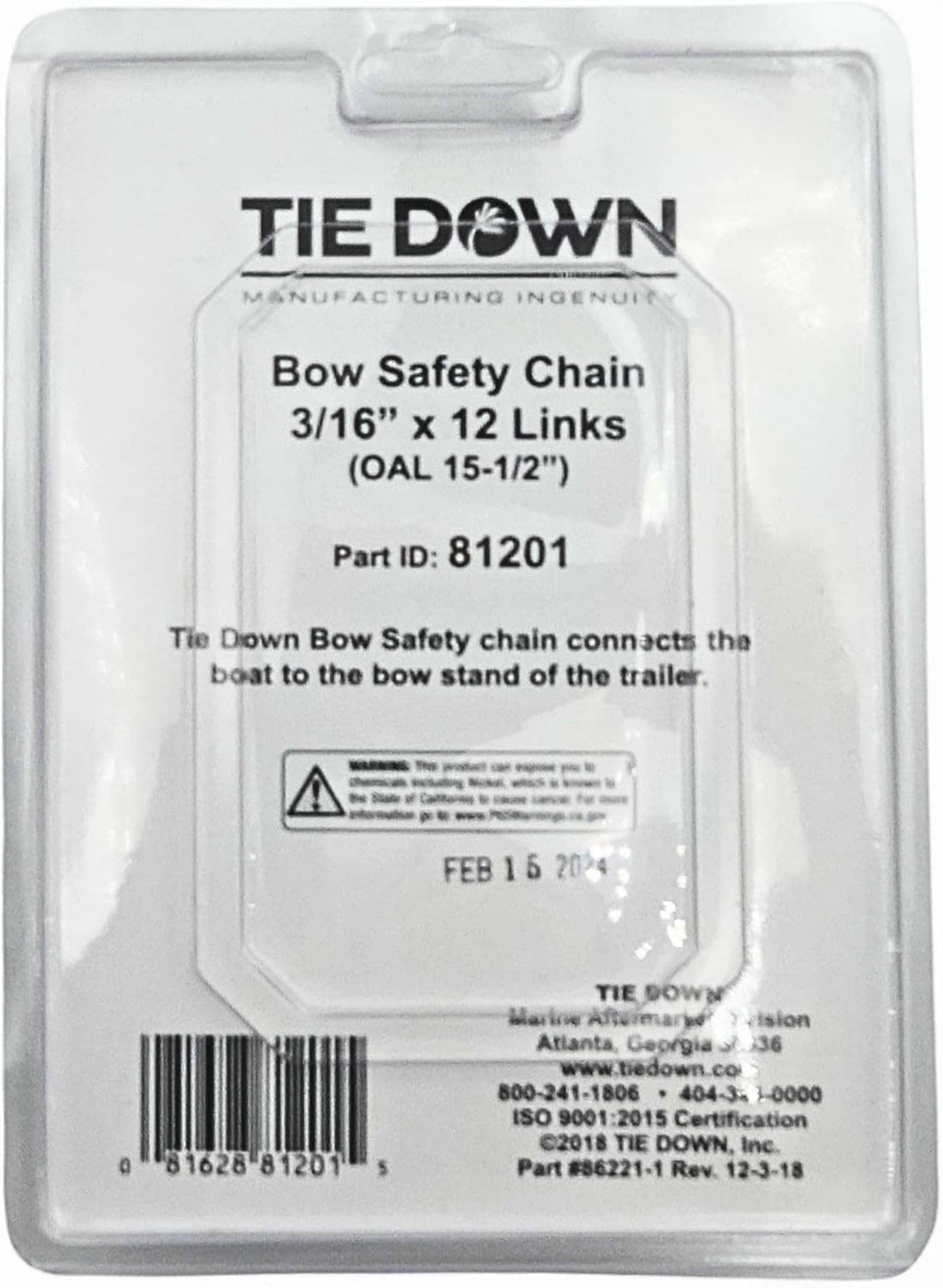 Retail package for bow safety chain, 3/16 in and 12 links