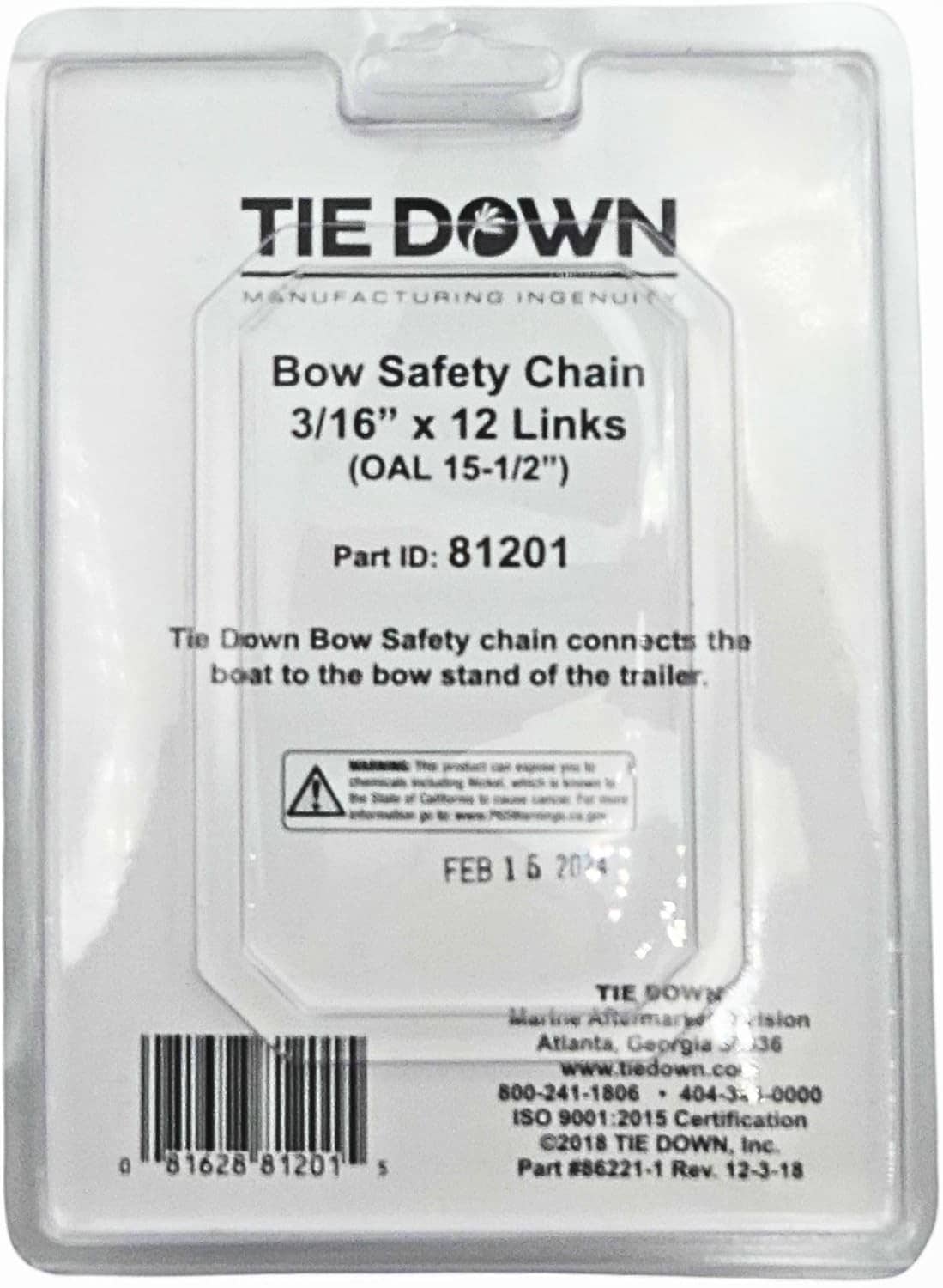 Retail package for bow safety chain, 3/16 in and 12 links