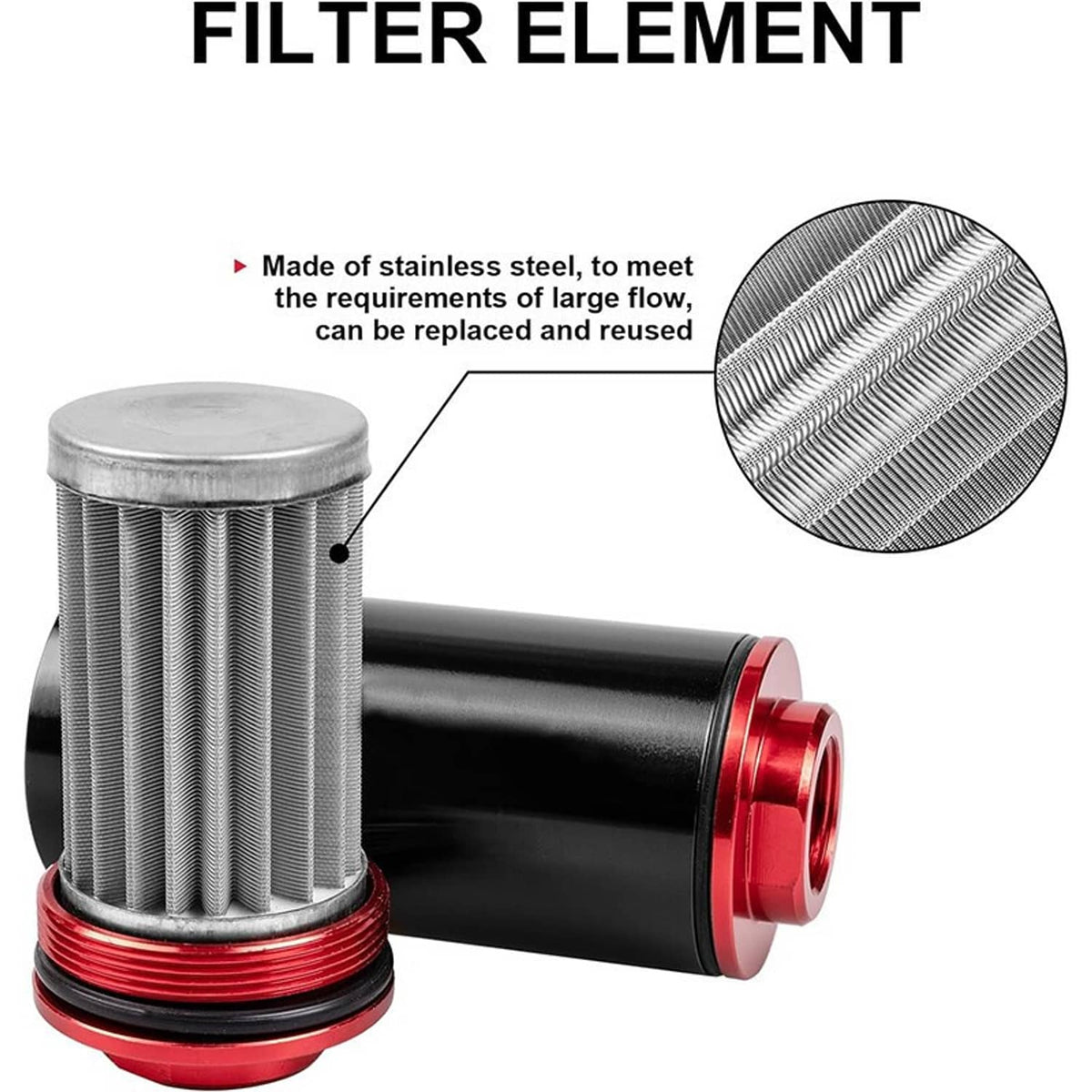 Stainless steel filter element in black inline fuel filter housing with red end cap