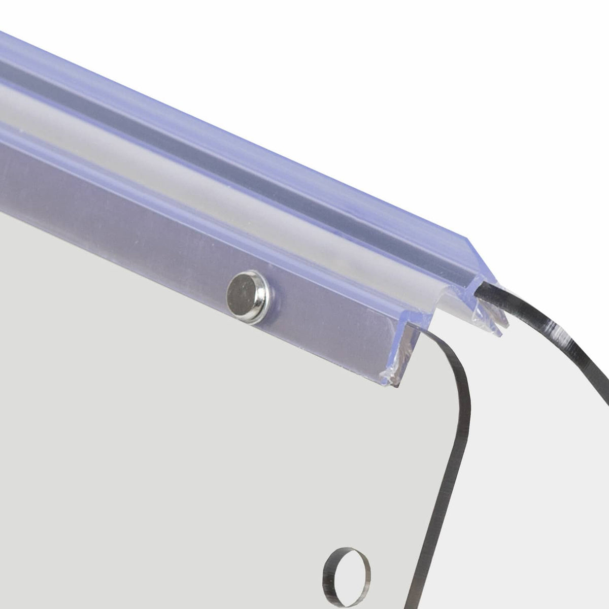 Close-up of blue frame bar with mounting hole and black wiring clip.