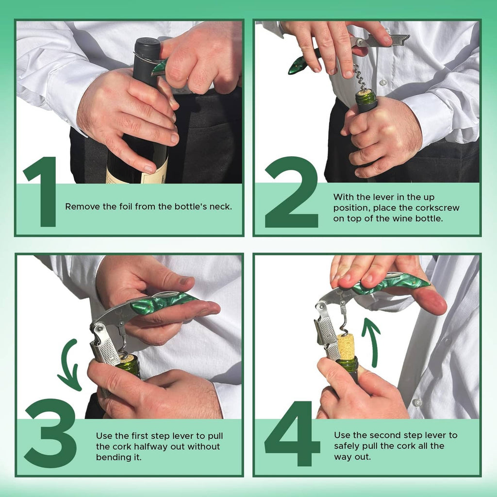 Hands using an emerald green wine corkscrew to remove a bottle cork.