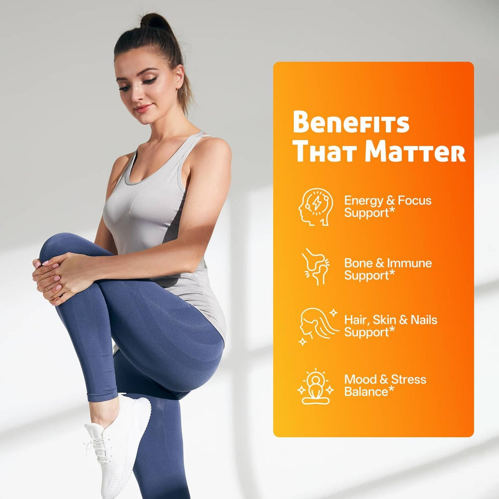 Orange benefits panel with icons for energy, bone support, hair & stress balance