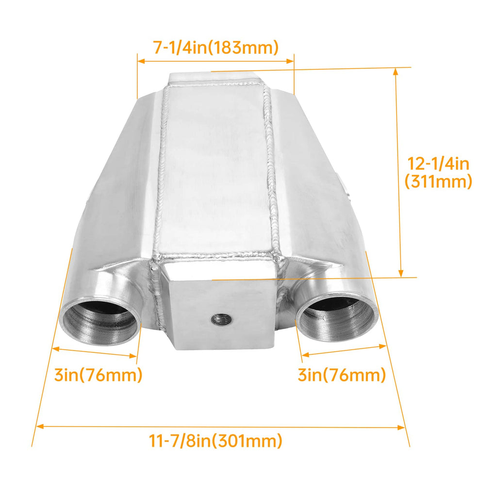 Universal air-to-water intercooler front view with two side ports and mounting face
