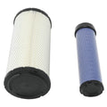 Air filter kit with white and blue pleated cartridges and black end caps